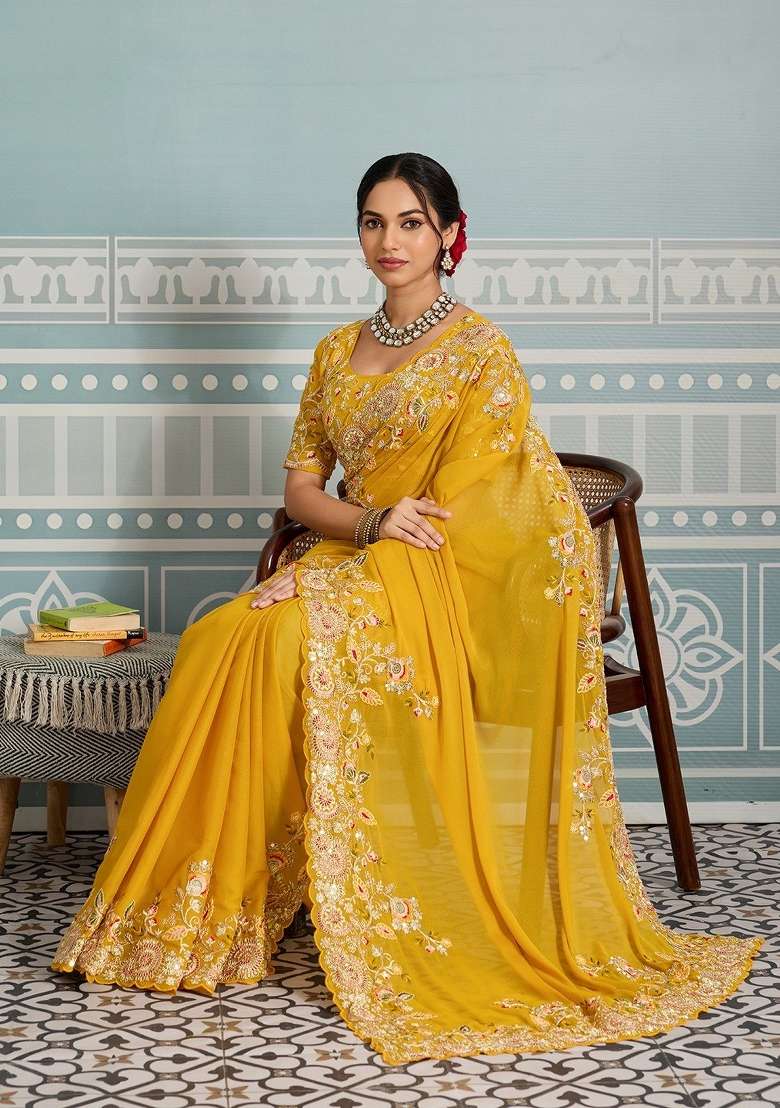 Yellow Embroidered Georgette Saree Set - Indya