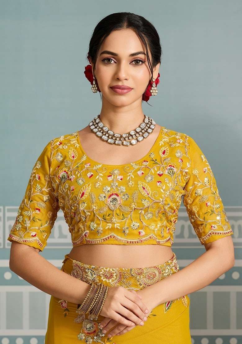 Yellow Embroidered Georgette Saree Set - Indya