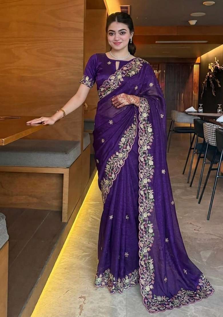 Purple Embroidered Fendi Saree Set - Indya
