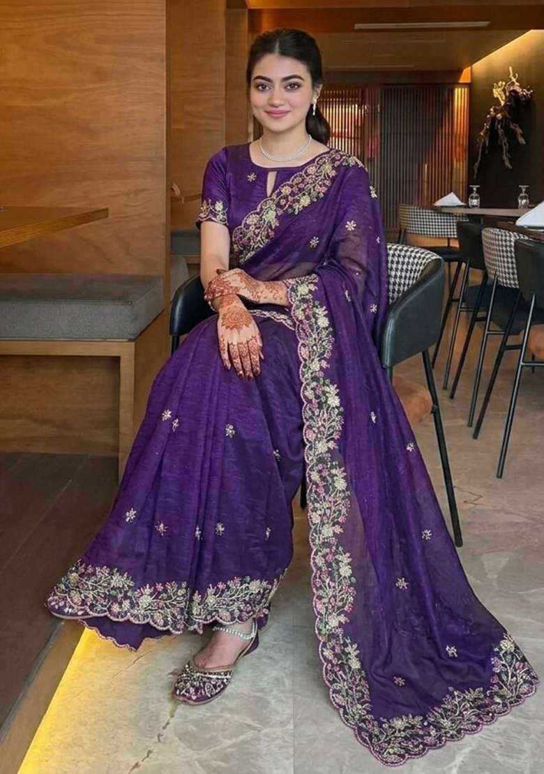 Purple Embroidered Fendi Saree Set - Indya