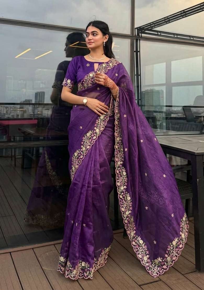 Purple Embroidered Fendi Saree Set - Indya