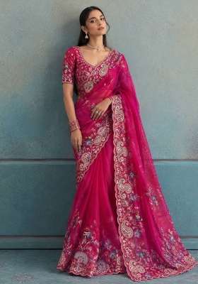 Pink Embroidered Silk Saree Set