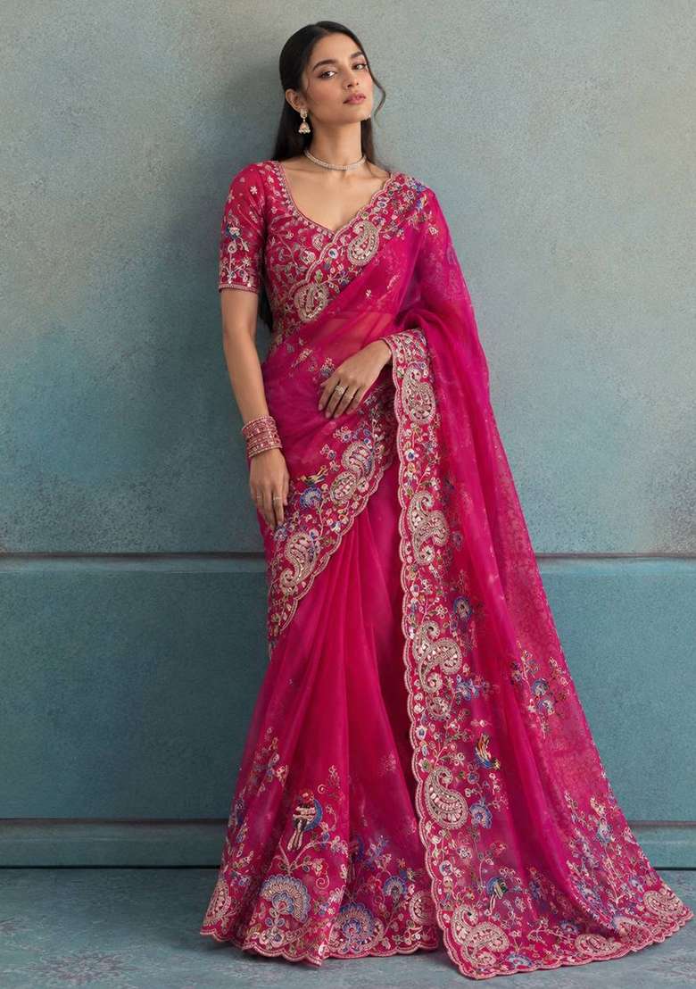 Pink Embroidered Silk Saree Set - Indya