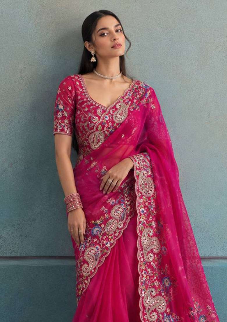 Pink Embroidered Silk Saree Set - Indya