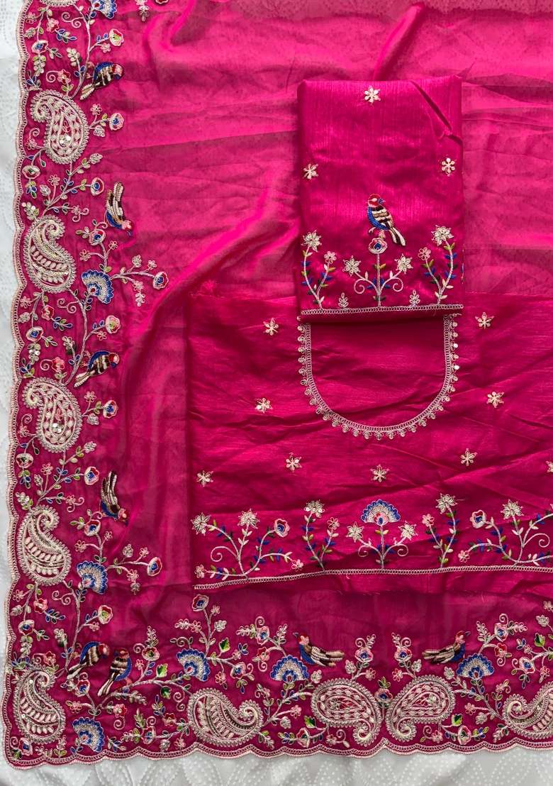 Pink Embroidered Silk Saree Set - Indya