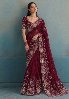 Maroon Embroidered Silk Saree Set