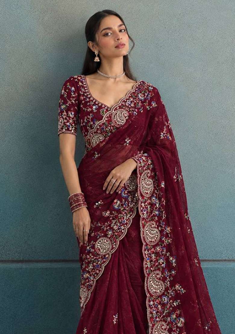 Maroon Embroidered Silk Saree Set - Indya