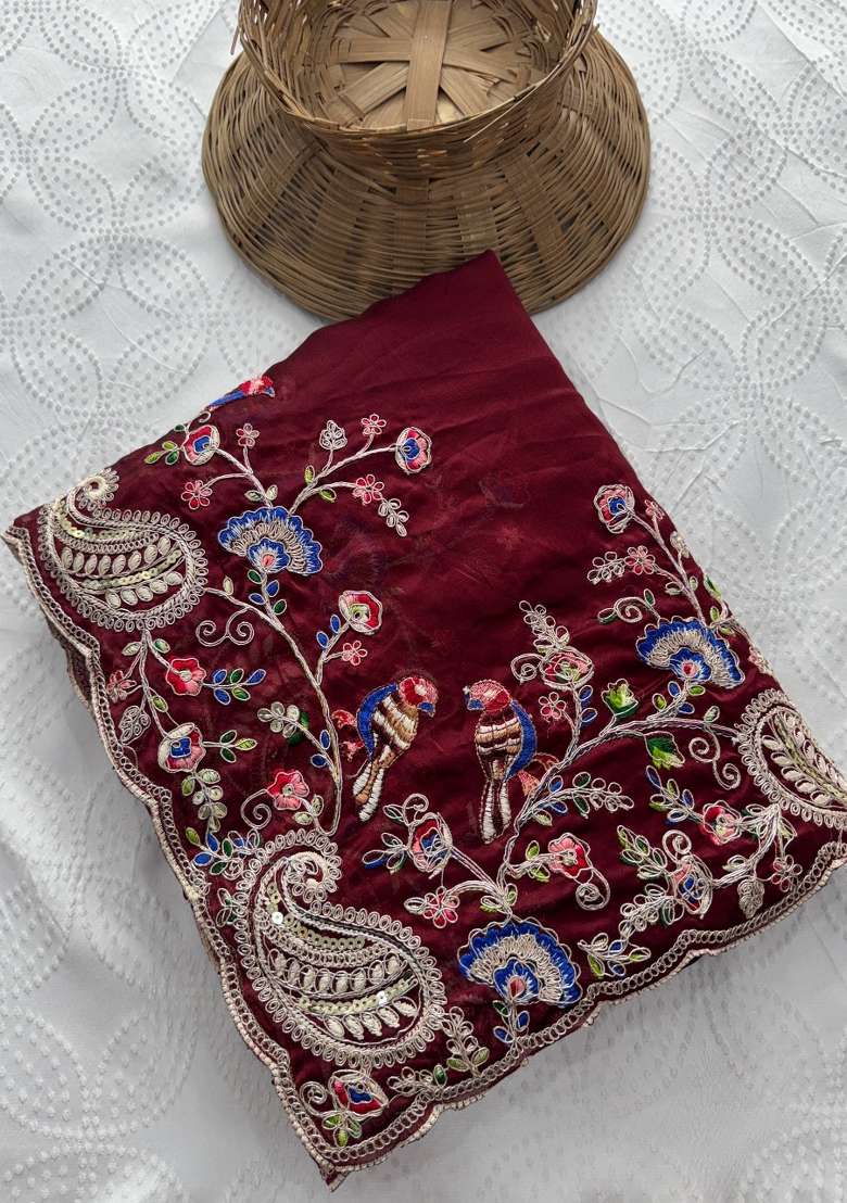 Maroon Embroidered Silk Saree Set - Indya
