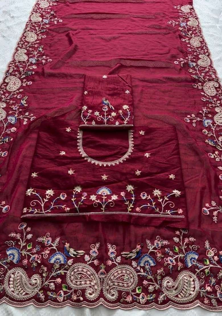 Maroon Embroidered Silk Saree Set - Indya