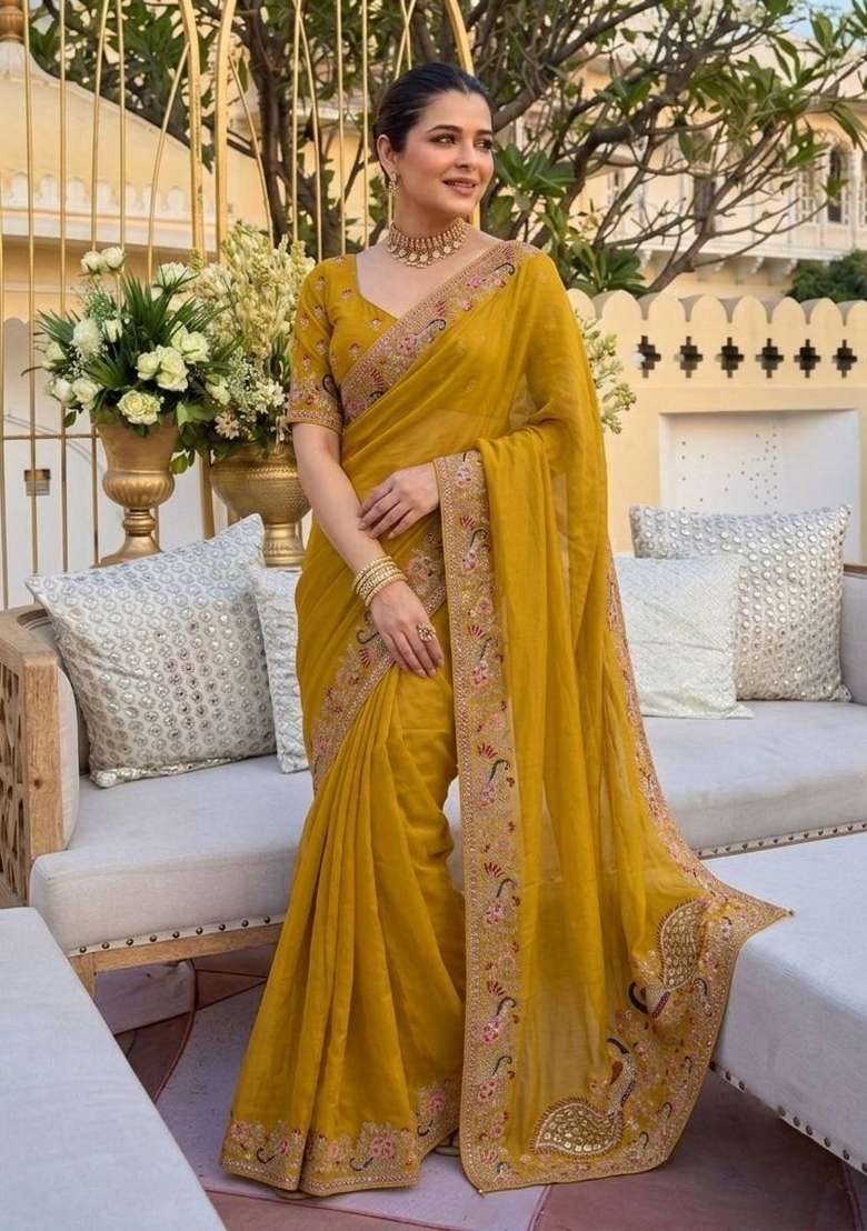 Yellow Embroidered Georgette Saree Set - Indya