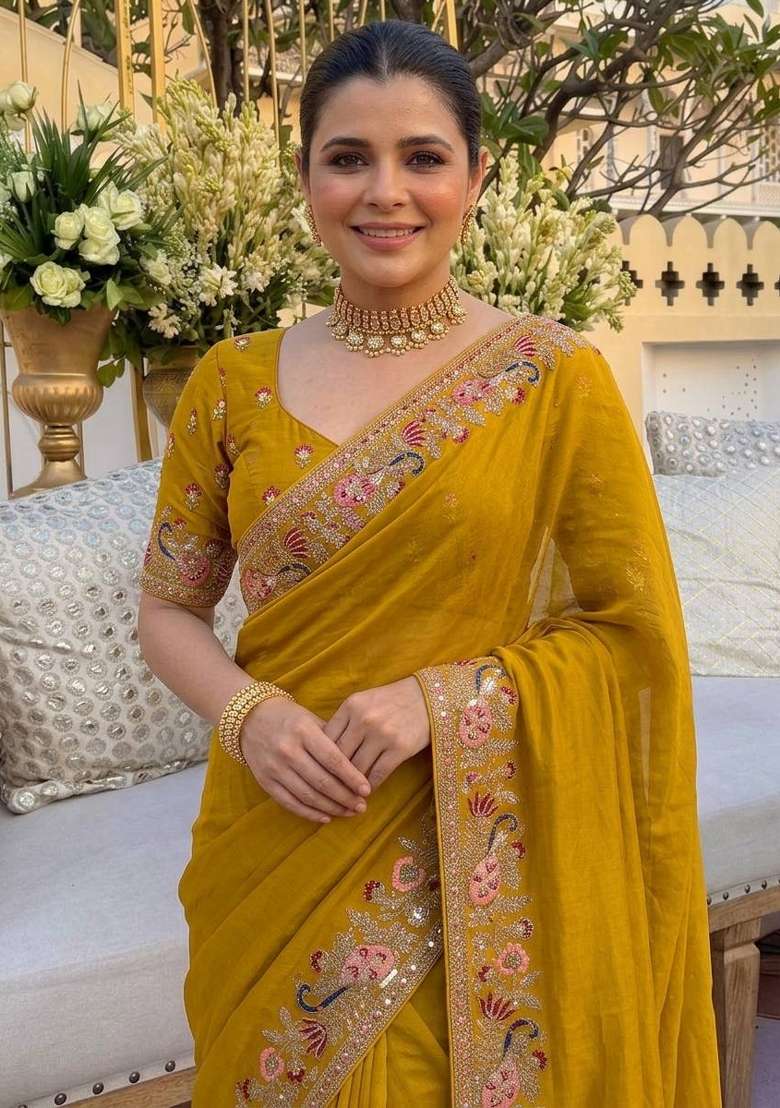 Yellow Embroidered Georgette Saree Set - Indya