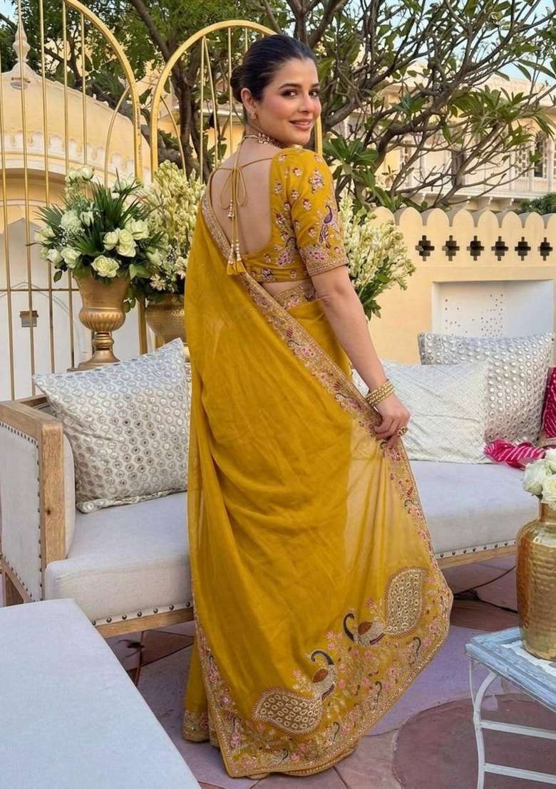 Yellow Embroidered Georgette Saree Set - Indya