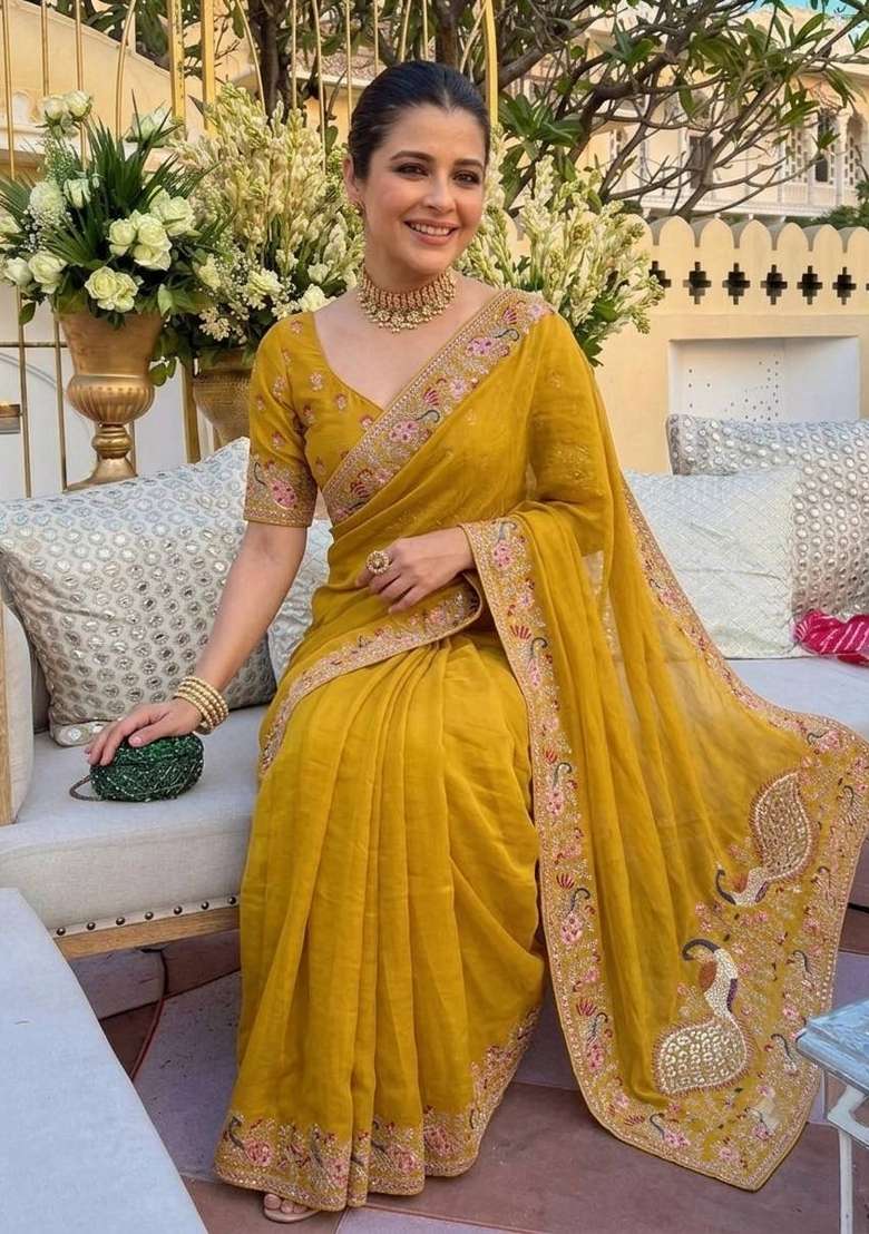 Yellow Embroidered Georgette Saree Set - Indya