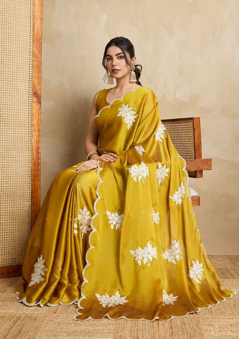 Yellow Embroidered Rangoli Saree Set - Indya