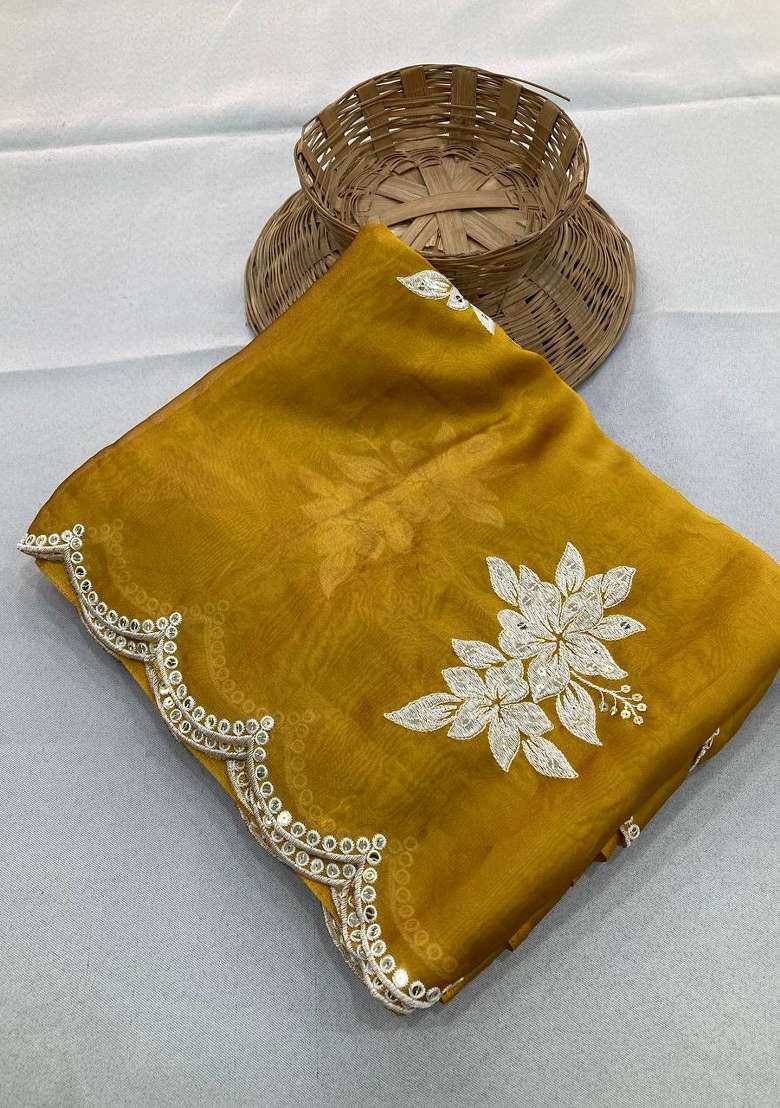 Yellow Embroidered Rangoli Saree Set - Indya
