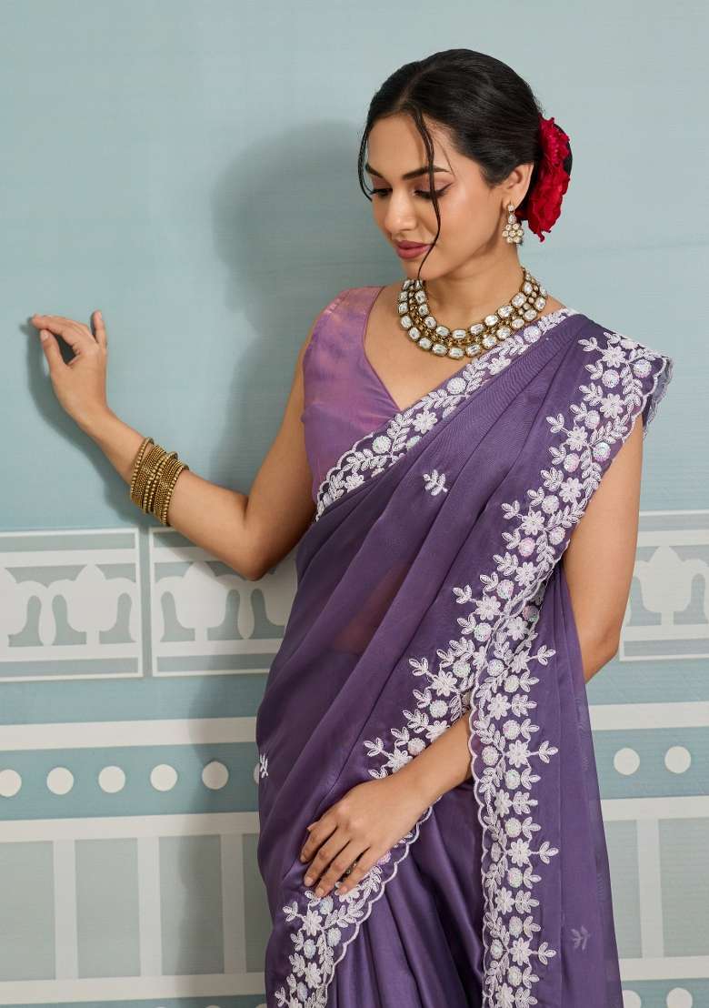 Grey Embroidered Rangoli Saree Set - Indya