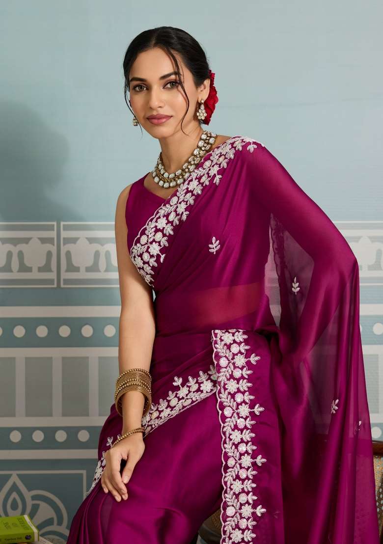 Maroon Embroidered Rangoli Saree Set - Indya