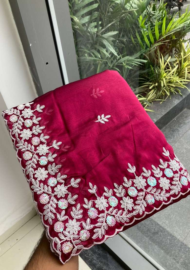 Maroon Embroidered Rangoli Saree Set - Indya