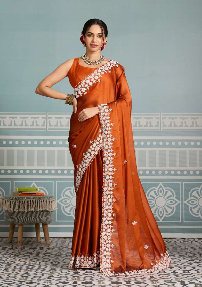 Orange Embroidered Rangoli Saree Set - Indya