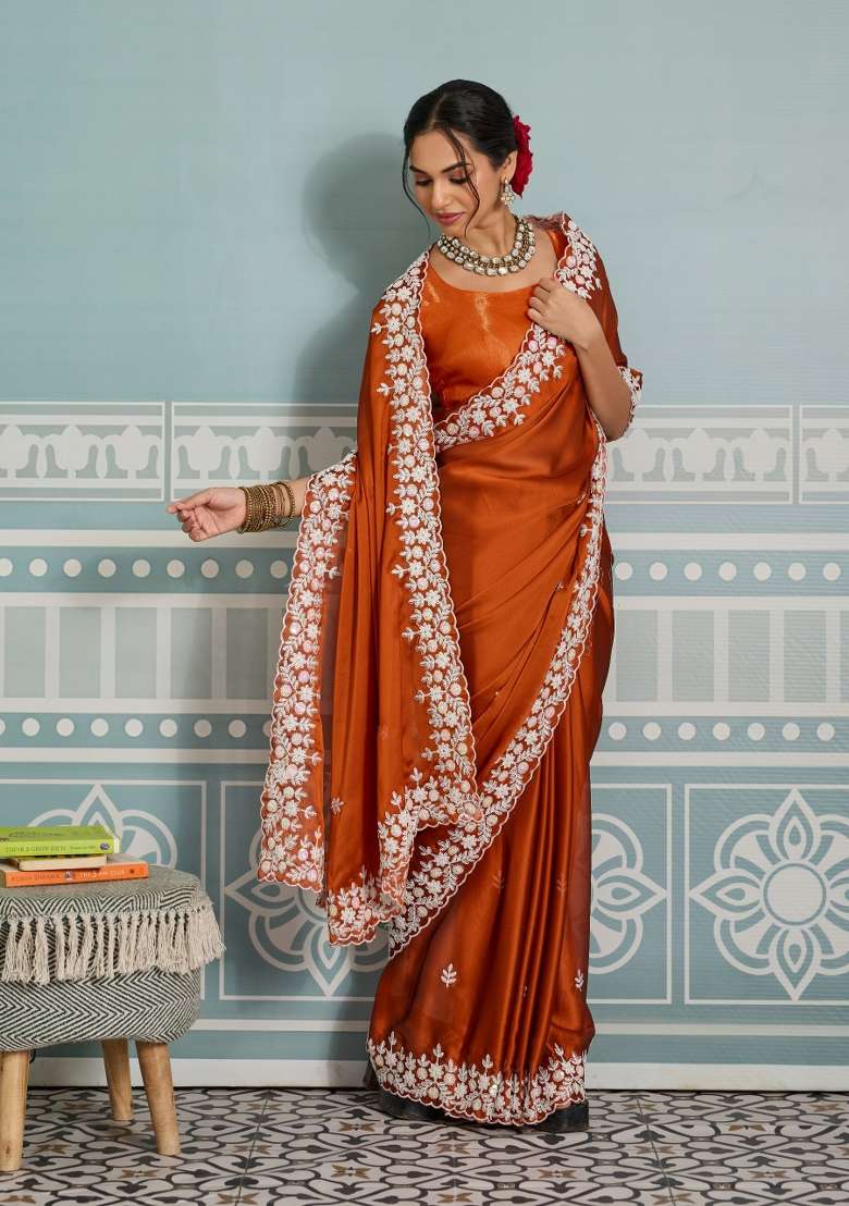 Orange Embroidered Rangoli Saree Set - Indya