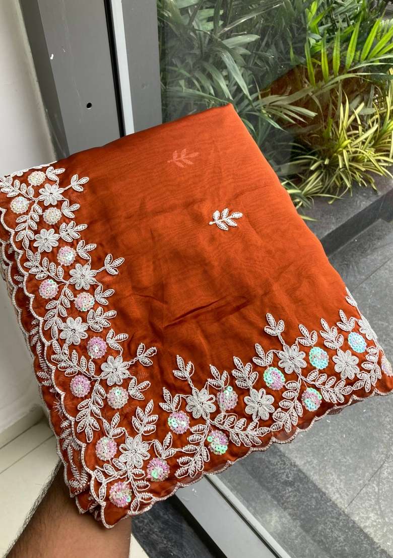 Orange Embroidered Rangoli Saree Set - Indya