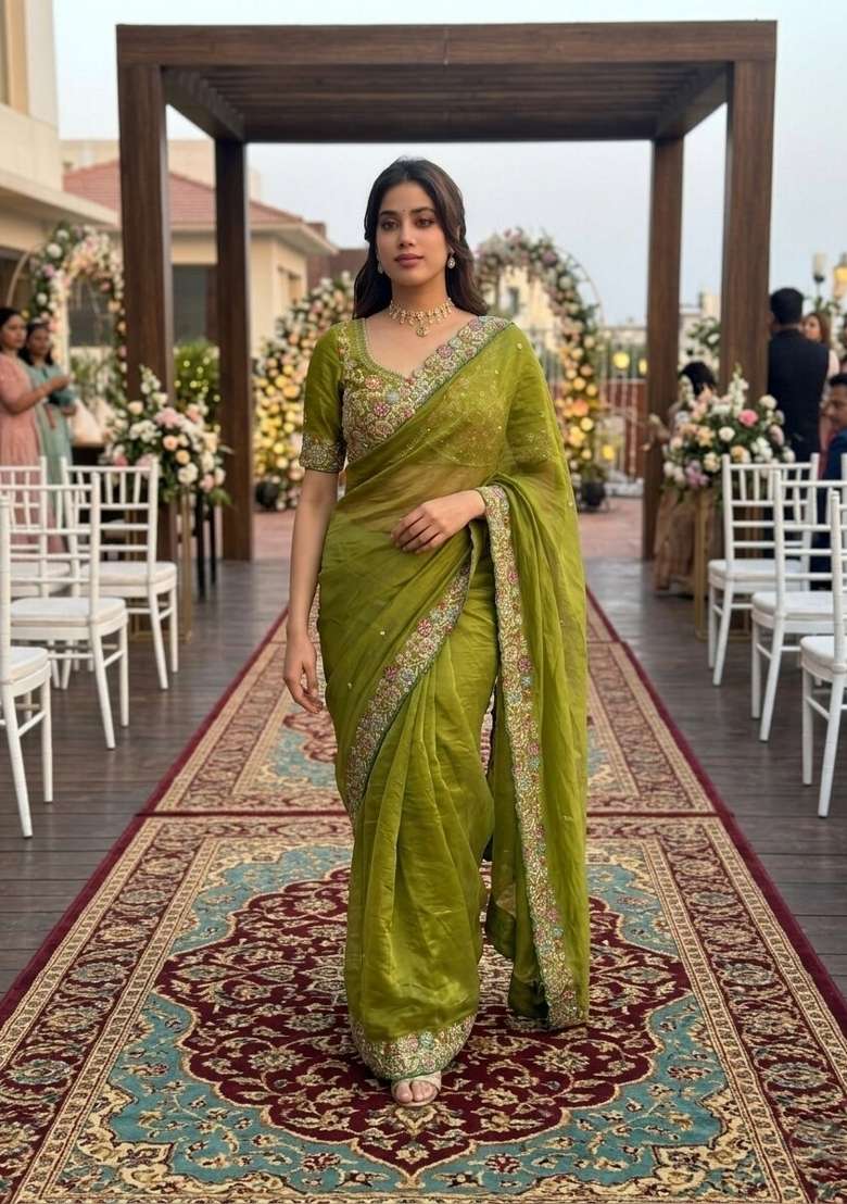 Mehendi Embroidered Satin Saree Set - Indya