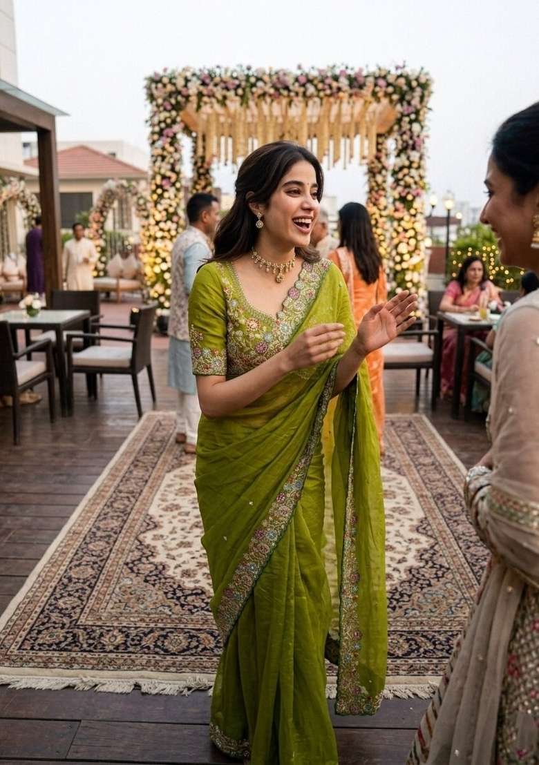 Mehendi Embroidered Satin Saree Set - Indya