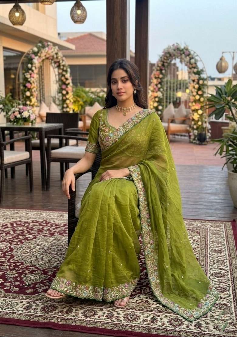 Mehendi Embroidered Satin Saree Set - Indya