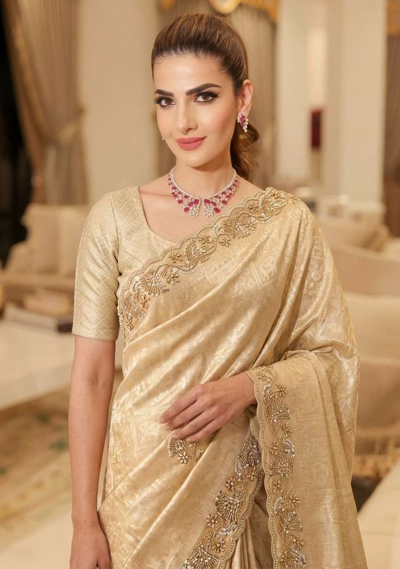 Off White Embroidered Silk Saree Set - Indya