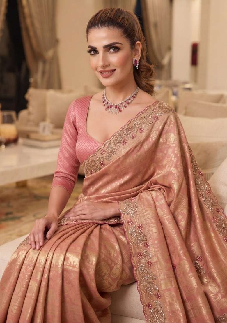 Peach Embroidered Silk Saree Set - Indya