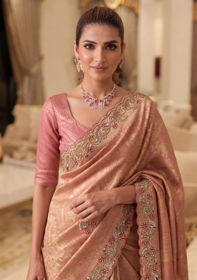 Peach Embroidered Silk Saree Set - Indya