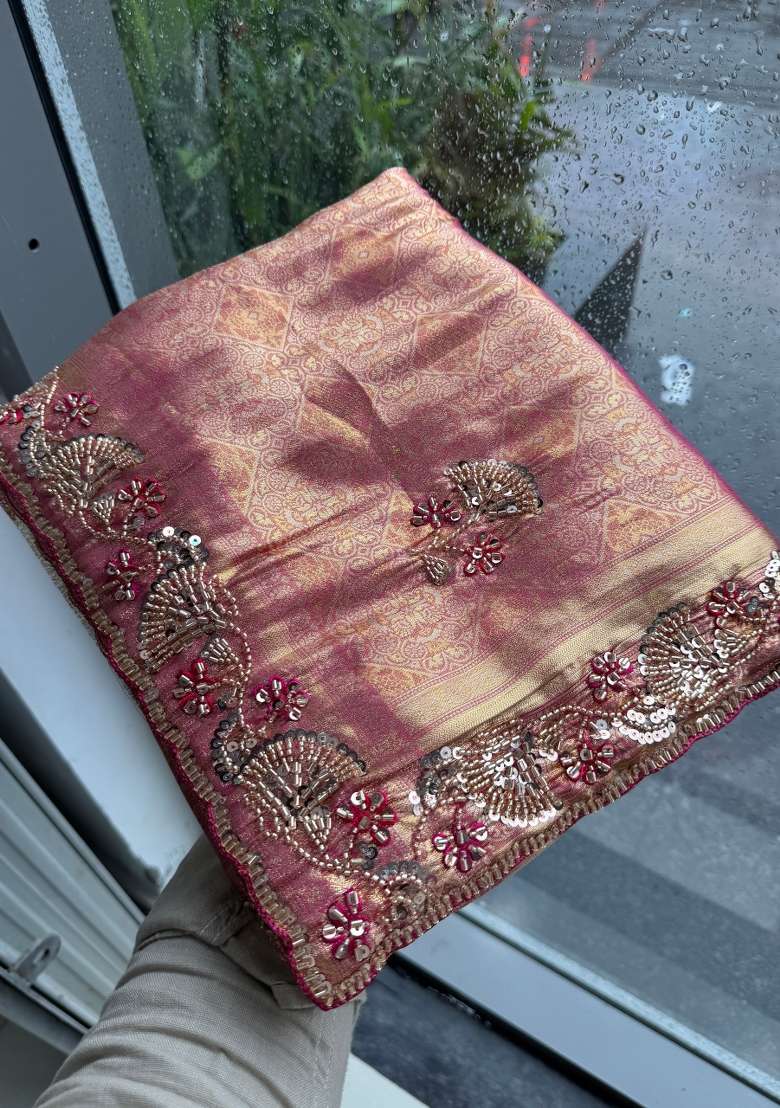 Peach Embroidered Silk Saree Set - Indya