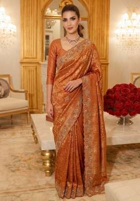 Rust Embroidered Silk Saree Set
