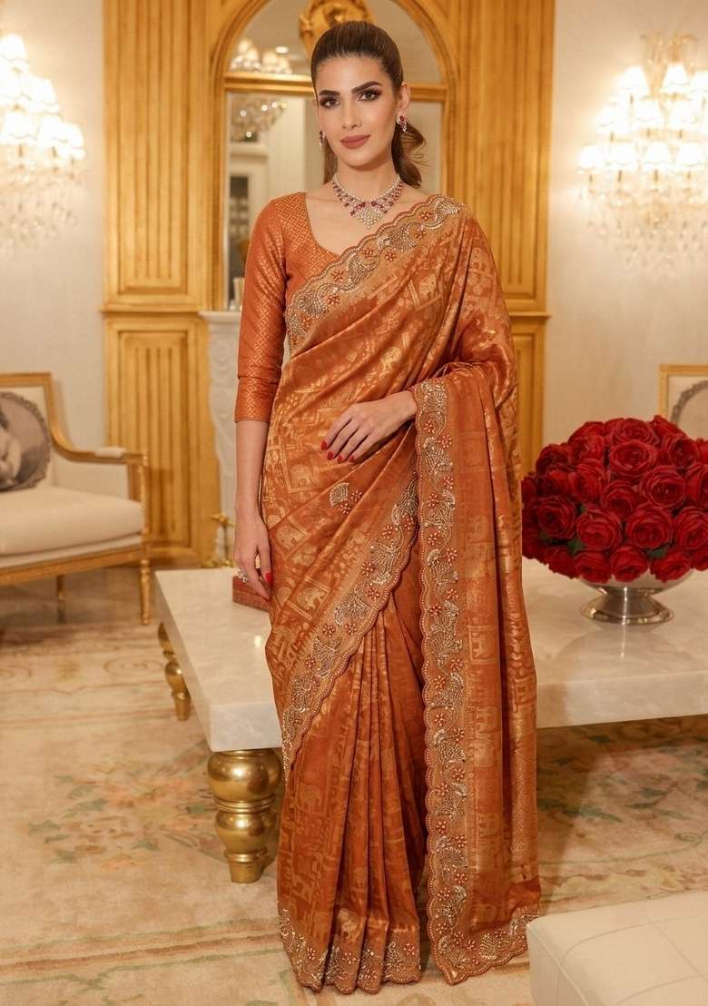 Rust Embroidered Silk Saree Set - Indya