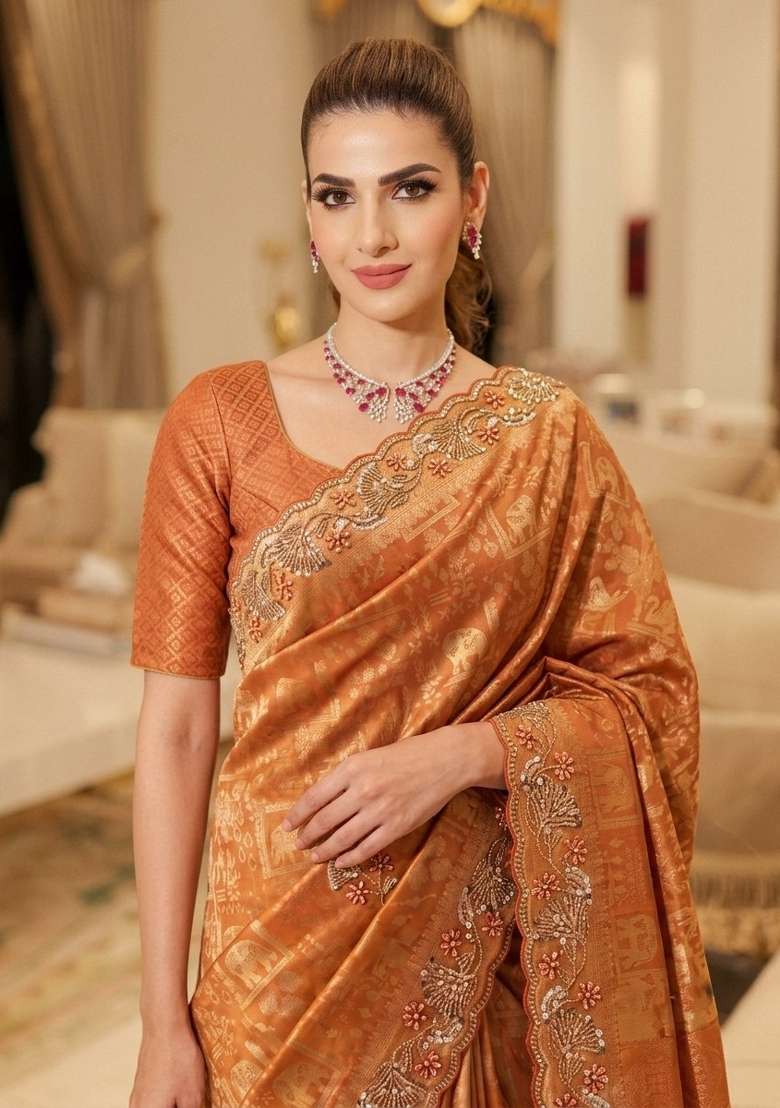 Rust Embroidered Silk Saree Set - Indya