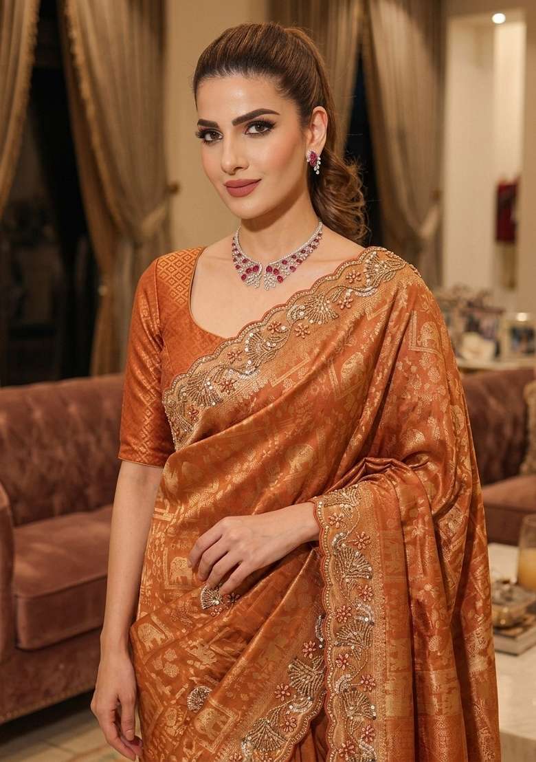 Rust Embroidered Silk Saree Set - Indya