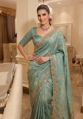 Sky Blue Embroidered Silk Saree Set