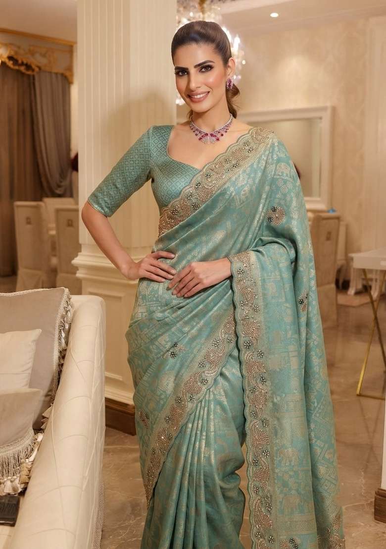 Sky Blue Embroidered Silk Saree Set - Indya