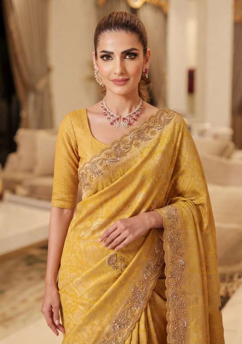 Yellow Embroidered Silk Saree Set - Indya