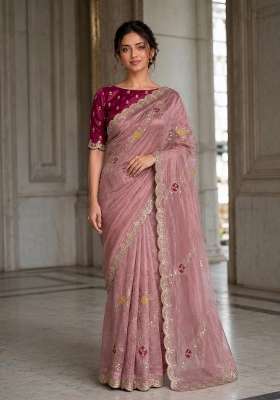 Peach Embroidered Satin Saree Set