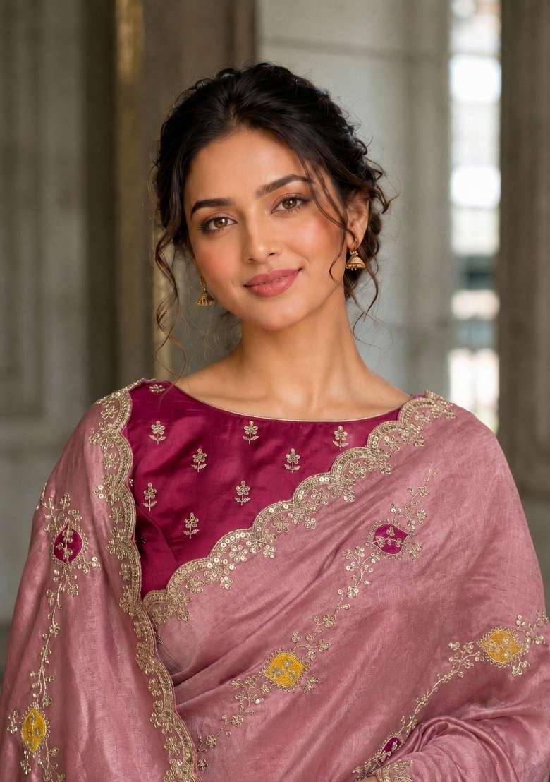 Peach Embroidered Satin Saree Set - Indya