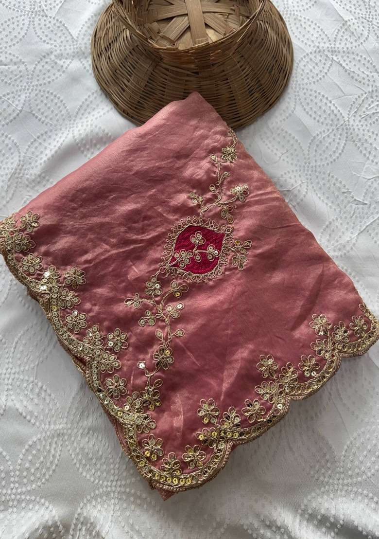 Peach Embroidered Satin Saree Set - Indya