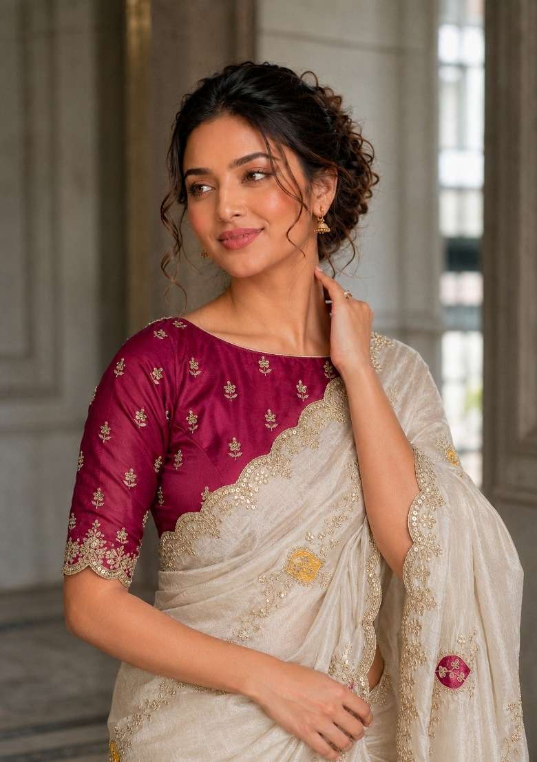 White Embroidered Satin Saree Set - Indya