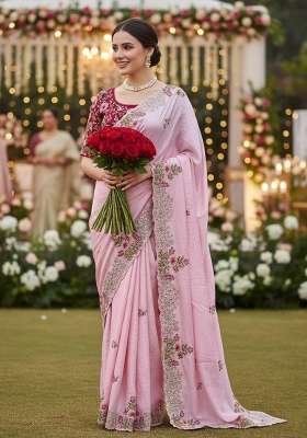 Peach Embroidered Silk Saree Set