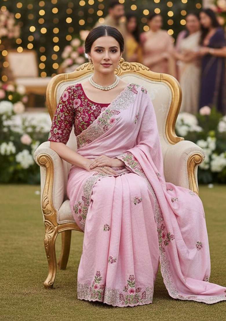 Peach Embroidered Silk Saree Set - Indya