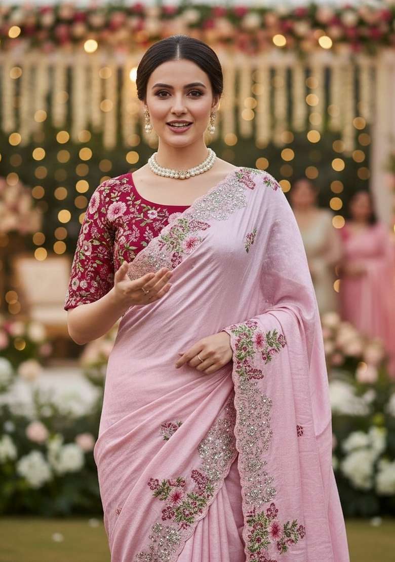 Peach Embroidered Silk Saree Set - Indya