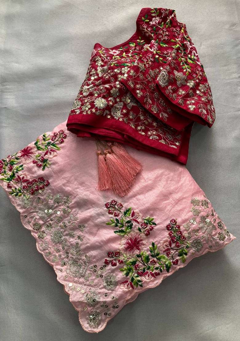 Peach Embroidered Silk Saree Set - Indya