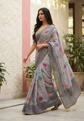 Grey Embroidered Silk Saree Set