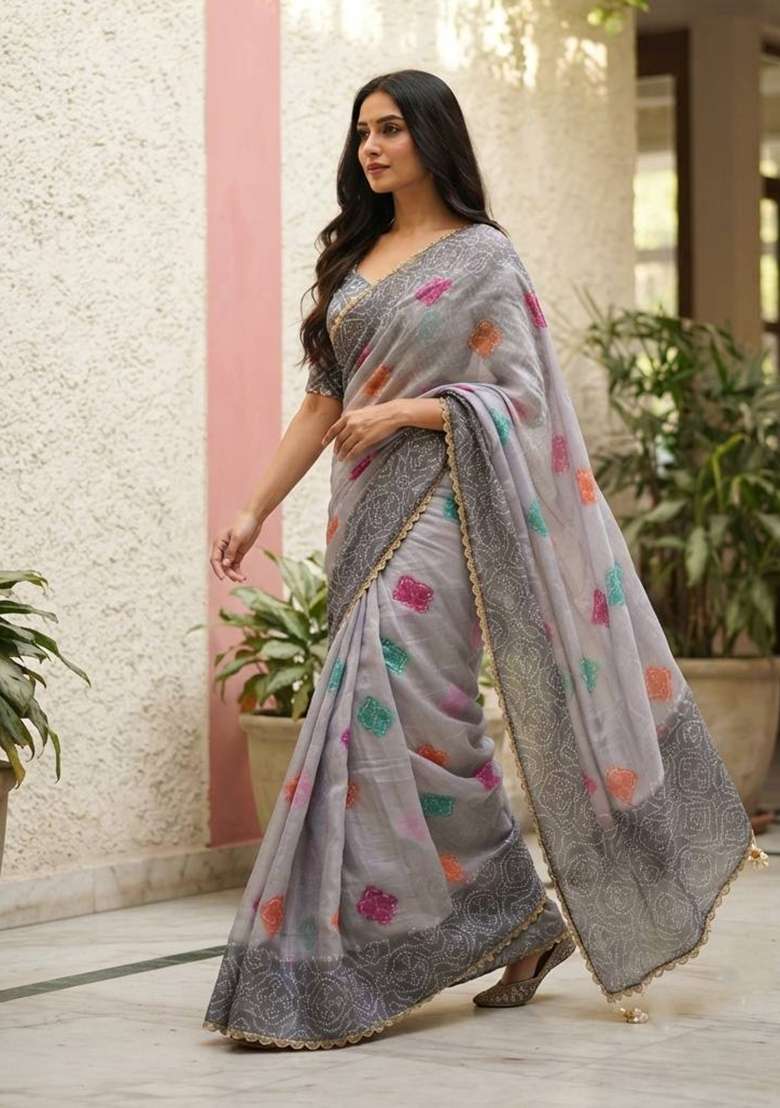 Grey Embroidered Silk Saree Set - Indya