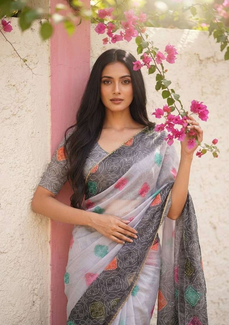 Grey Embroidered Silk Saree Set - Indya